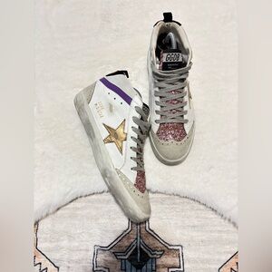 Golden Goose White and Gold Sneakers with Pink Accents